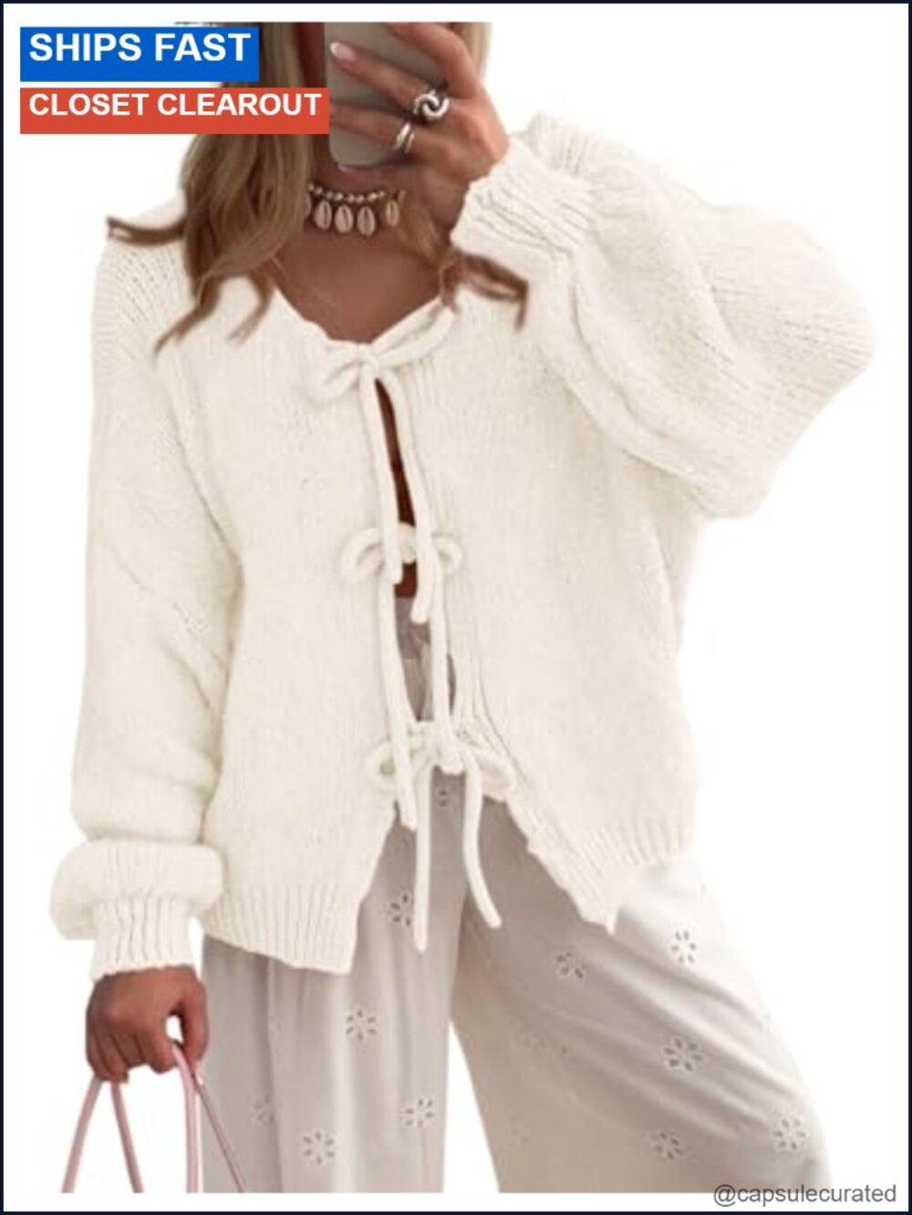 Women's Tie Front Bow Cardigan Cable Knit Puff Sleeve Sweater